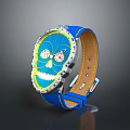 Fashionable Blue Skull Pattern Leather Strap With Metal Buckle Pink Jeweled Eyes And Yellow Accents