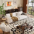Modern White Sofa and Coffee Table Set With Brown Throw Blanket Decorative Pillows Geometric Rug