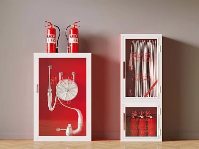 Indoor Fire Safety Equipment Cabinets With Red Extinguishers Hose And Tools 3d model