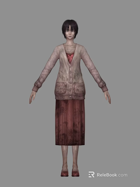 Woman In Pale Cardigan With Long Sleeves Buttoned Front And Dark Textured Skirt 3d model 