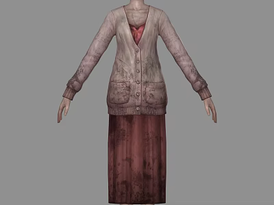 Woman In Pale Cardigan With Long Sleeves Buttoned Front And Dark Textured Skirt 3d model