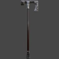 Metallic Battle Axe With Textured Worn Surface And Heavy Wooden Handle