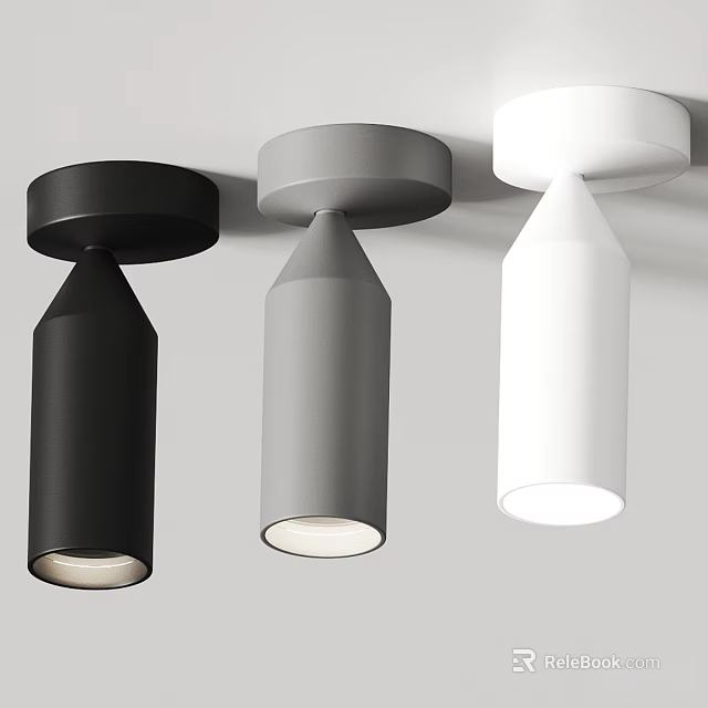 Three Modern Black Gray White Cylinder Ceiling Lights with Round Base and Illumination 3d model 