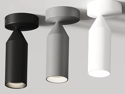 Three Modern Black Gray White Cylinder Ceiling Lights with Round Base and Illumination 3d model
