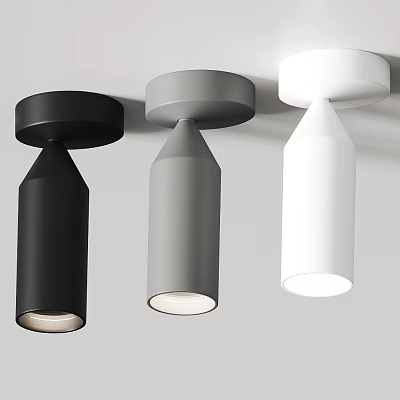 Three Modern Black Gray White Cylinder Ceiling Lights with Round Base and Illumination 3d model