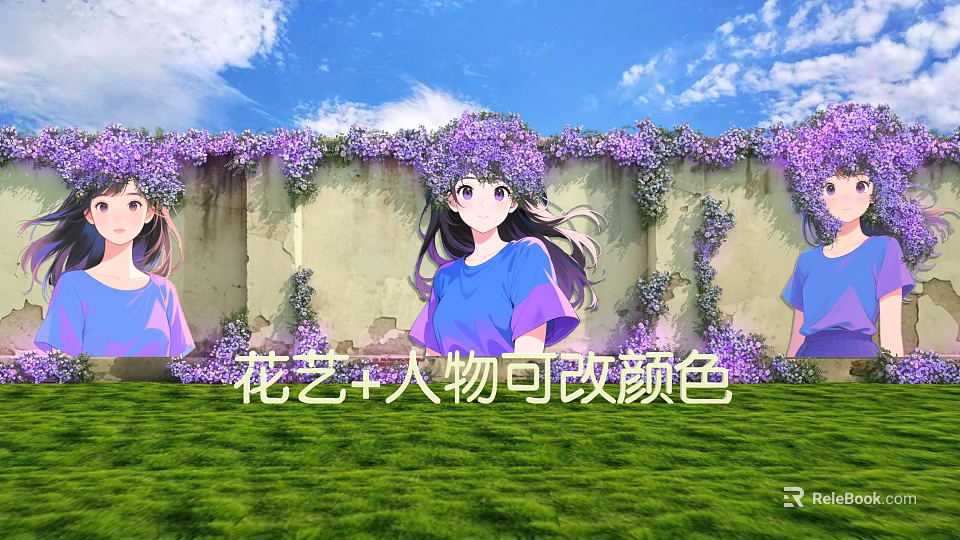 Scenic Photo Check-in Spot With Purple Floral Wall Green Grass and Blue Sky 3d model 