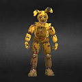 Creepy Yellow Damaged Robot With Blood Stained Body And Worn Parts
