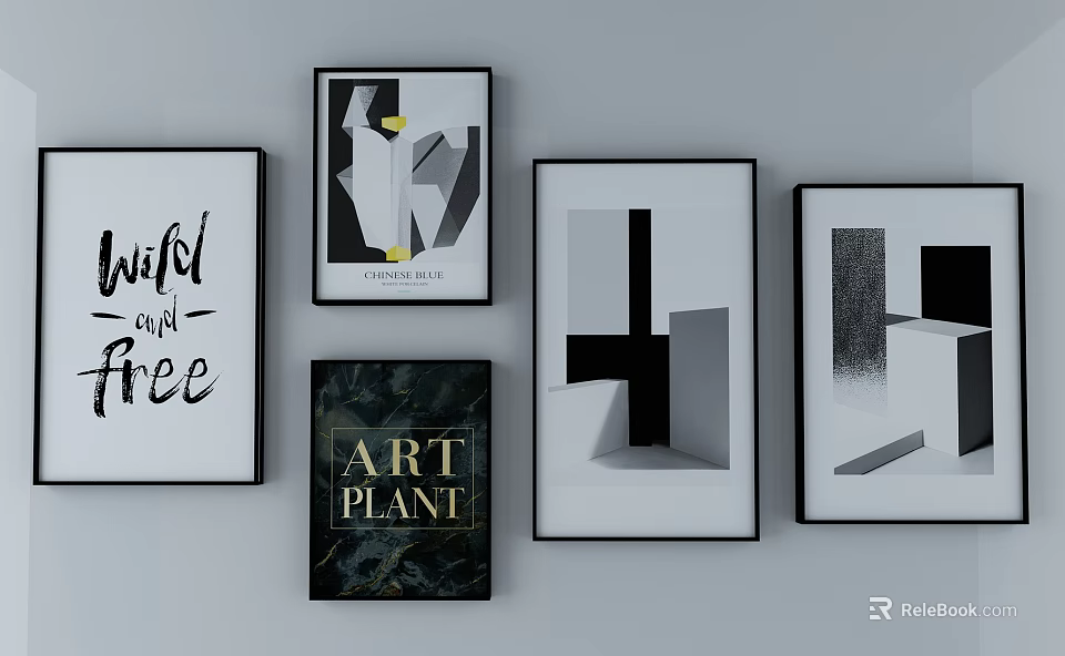 Modern Decorative Wall Art With Geometric Shapes Typography And Black Frames 3d model