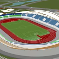 Sunlit Stadium Building With Red Running Track Blue Stands Green Lawn And Curved Roof