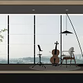 Musical Instrument Interior Featuring Cello Music Stand Chair Floor Lamp And Large Window