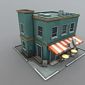 Cartoon Style Teal Colored Two Story Building With Orange White Striped Awning And Tables Chairs