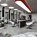 Modern Barbershop Interior With Multiple Barber Chairs Large Windows White Red Decor And Ceiling Lights