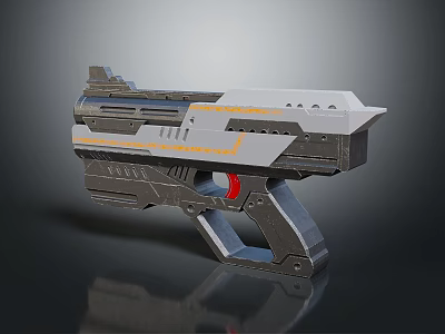 Futuristic Sci Fi Gun With Metallic Gray White Body And Yellow Red Accents 3d model
