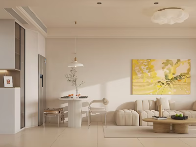 Modern Living Dining Room Interior With Beige Sofa Coffee Table Dining Set And Wall Painting 3d model