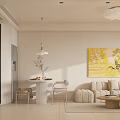 Modern Living Dining Room Interior With Beige Sofa Coffee Table Dining Set And Wall Painting