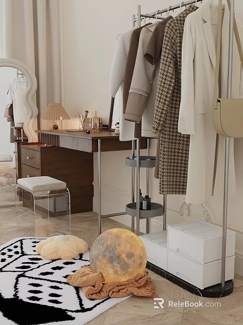 Stylish Dressing Table With Mirror Stool Table Lamp And Decorative Items 3d model 