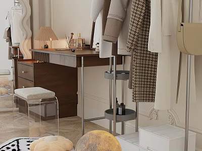 Stylish Dressing Table With Mirror Stool Table Lamp And Decorative Items 3d model