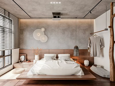 Modern Minimalist Bedroom With White Bedding Wooden Platform Bed Round Pendant Lights And Wooden Hanger 3d model