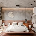 Modern Minimalist Bedroom With White Bedding Wooden Platform Bed Round Pendant Lights And Wooden Hanger