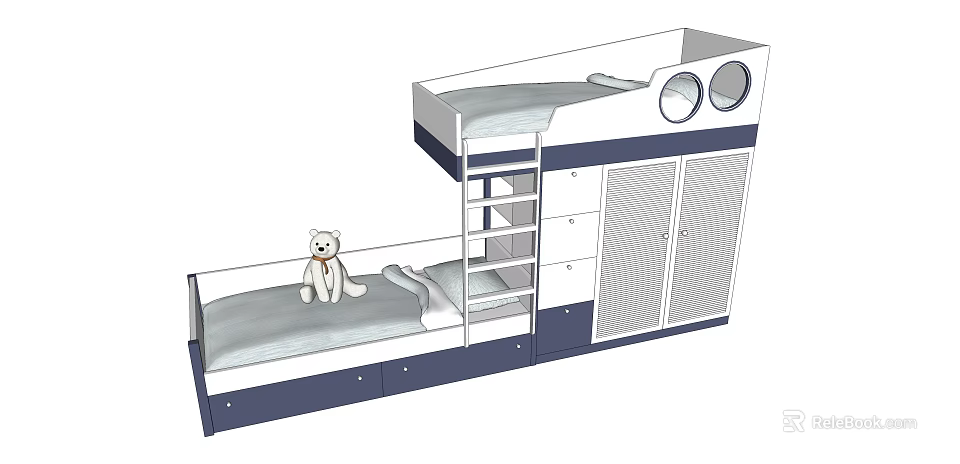 Kids Bunk Bed with Ladder Storage Drawers and Cabinet and Teddy Bear on Lower Bed 3d model 