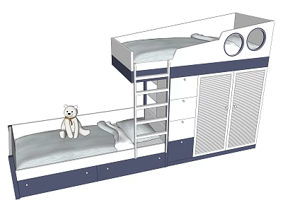 Kids Bunk Bed with Ladder Storage Drawers and Cabinet and Teddy Bear on Lower Bed 3d model