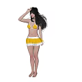 Woman Wearing Yellow Bikini Top And Yellow White Skirt Front Back Views Black Background