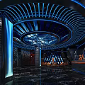 Modern Luxury KTV Interior With Blue Lighting Round Ceiling Marble Floor And Bar Counter
