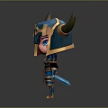 Chibi Style Fantasy Warrior Character With Blue Armor Golden Horns And Weapon