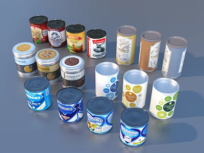 Assorted Household Cans With Diverse Designs And Colorful Product Labels 3d model