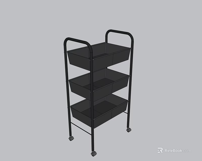 Black Metal Three-Tier Storage Shelf Cart With Rolling Wheels For Home Storage 3d model 