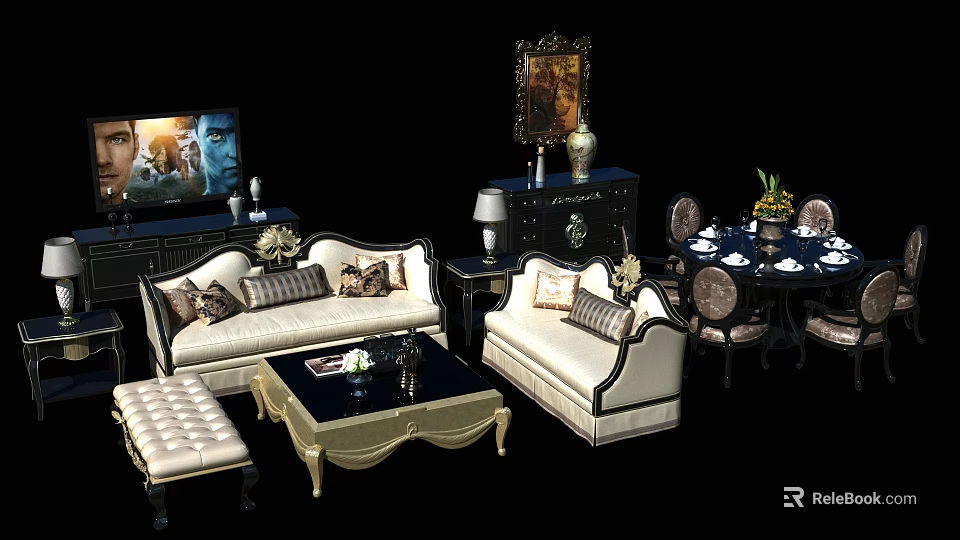 Elegant White And Gold Sofa Coffee Table Set With Decorative Pillows And Ornate Side Table 3d model 