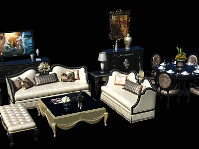 Elegant White And Gold Sofa Coffee Table Set With Decorative Pillows And Ornate Side Table 3d model