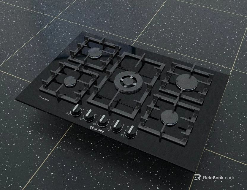 Black Glass Cooktop Gas Stove With Four Burners And Control Knobs As Essential Kitchen Appliance 3d model 
