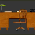 Wooden Office Desk With Green Lamp Papers Black Telephone And Rolling Chair