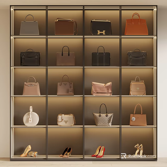 Stylish Handbags in Different Colors and Styles Neatly Arranged on Multiple Shelves 3d model 