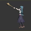 Anime Style Game Character With Teal Hair Purple Dress And Large Spoon Weapon