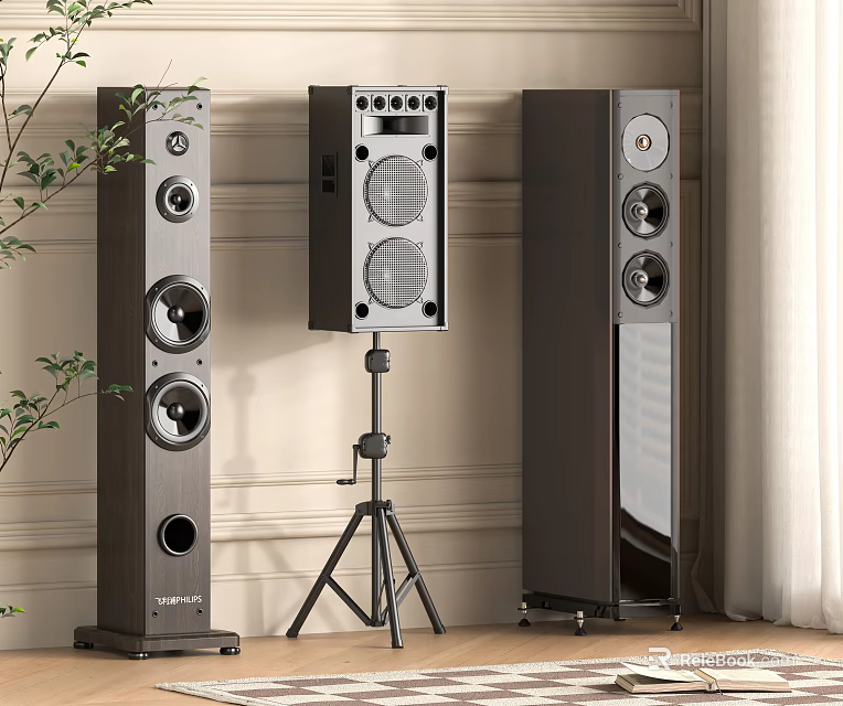 Sleek Floor Standing And Tripod Mounted Speakers For Modern Home Audio Interior Design 3d model 