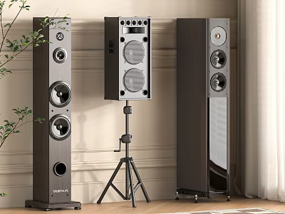 Sleek Floor Standing And Tripod Mounted Speakers For Modern Home Audio Interior Design 3d model