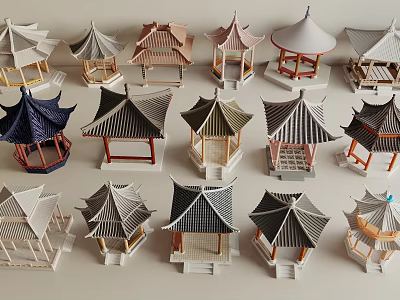 Traditional Chinese Pavilion Models With Various Roof Styles And Colors 3d model