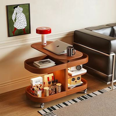 Elegant Wooden Multi tiered Sideboard Cabinet With Laptop Mug Books And Storage Jars In Living Room 3d model