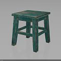 Rustic Distressed Turquoise Green Wooden Stool With Square Seat And Four Legs