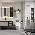 Modern Bathroom Interior Design With Vanity Mirror Toilet Glass Shower And Marble Tiles