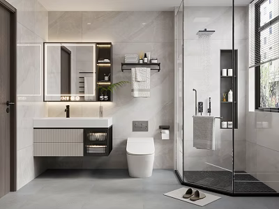 Modern Bathroom Interior Design With Vanity Mirror Toilet Glass Shower And Marble Tiles 3d model