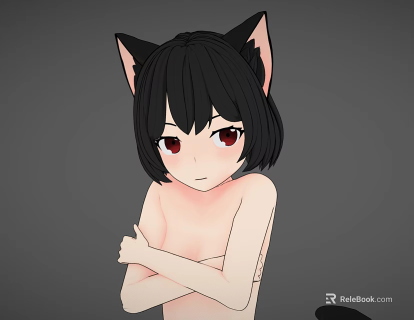 Black Cat Character With Short Black Hair Red Eyes And Crossed Arms On Gray Background 3d model 