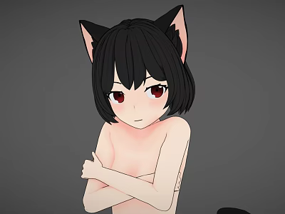 Black Cat Character With Short Black Hair Red Eyes And Crossed Arms On Gray Background 3d model