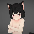 Black Cat Character With Short Black Hair Red Eyes And Crossed Arms On Gray Background