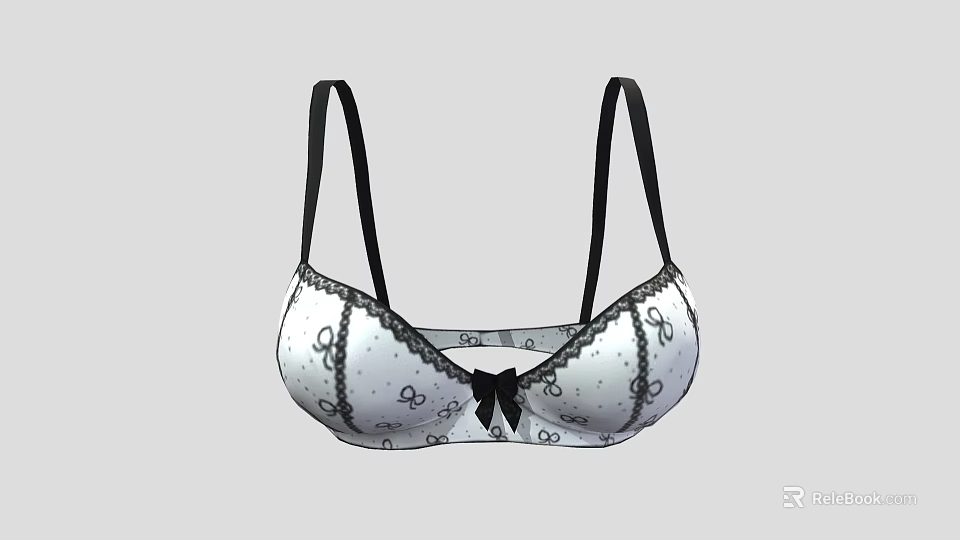 Women's White Bra With Black Lace Trim Bow Detail And Decorative Patterns 3d model 