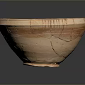 Ancient Handcrafted Clay Bowl Sculpture With Carved Lines Cracks And Handle