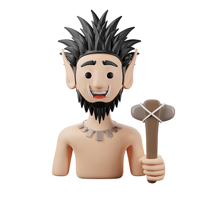 Game Movie Character Holding Bone Club With Spiky Hair Pointed Ears Beard And Necklace 3d model