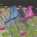 Two White Geese Swimming on Water Surface with Green Lily Pads and Pink Lotus Flowers